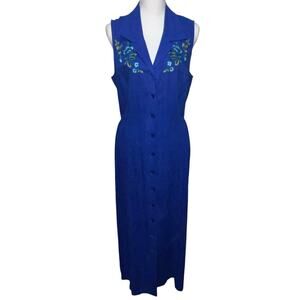 Vintage Melissa Harper Blue Sleeveless Maxi Dress Cutout Detail Embroidery SZ 12